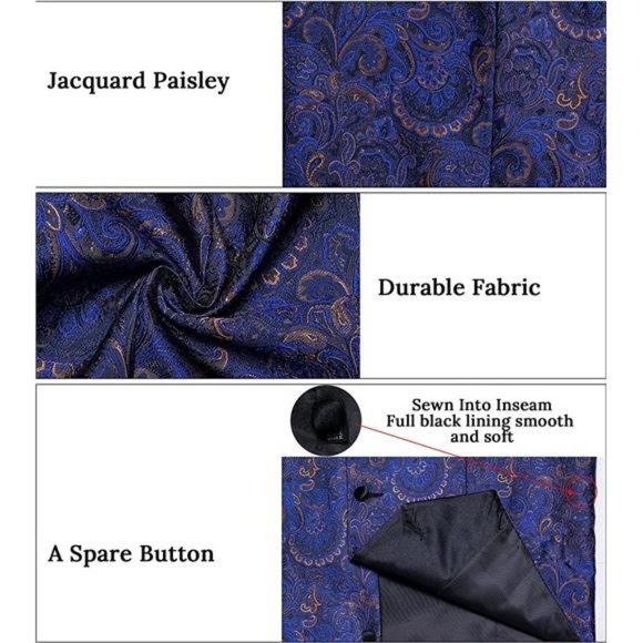 MEN'S Wedding Paisley Suit Vest, Blue Slim Fit - Picture 4 of 6